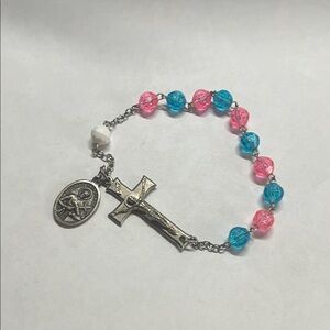 Pink and Blue Beaded Rosary Bracelet with Cross